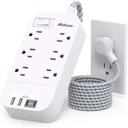 Power Strip - 10 FT Long Flat Plug Extension Cord, 6 Outlets 2 USB A 2 USB C Ports Outlet Extender with Overload Protection, Wall Mount, Desktop Charging Station for Home, Office and Dorm Essential