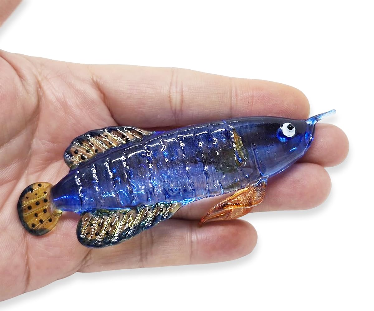 WitnyStore 4" Dark Blue Yellow Arowana Fish Artistic Blown Glass Figurine Premium Hand-Blown Statue Tabletop Decoration Unique Collectible for Adult Collectors Handcrafted Elegant Home Room Decor