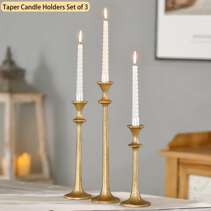 Wenbery Gold Taper Candle Holders Set of 3, Heavy Candlestick Holders Decorative Candle Stand for Table Centerpiece, Cast Iron Candle Stick Holder Decor