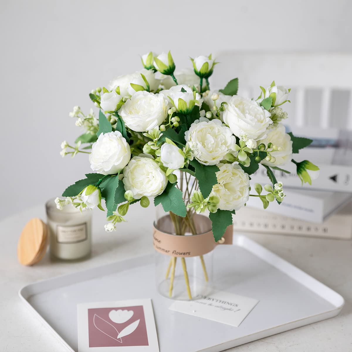Floweroyal 4 Bunches Peony Artificial Flowers White Flowers Silk Peonies Bouquets for Wedding Party Table Centerpieces Floral Arrangement Home Kitchen Decor