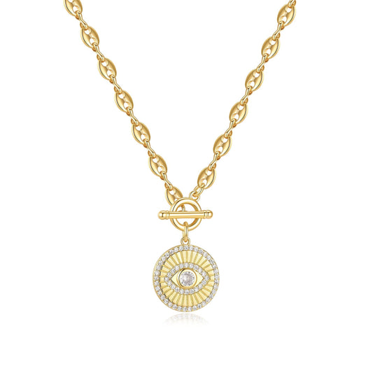 NUZON Round Evil Eye Pendant Necklace for Women 14K Gold Plated Coffee Bean Chain Coin Disk CZ Demon Eye Protection Charm Lucky Amulet Spiritual Jewelry Gift 18’’
