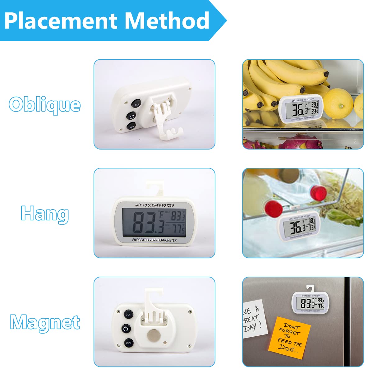 Refrigerator Thermometer Digital Fridge Freeze Room Thermometer Waterproof Large LCD Display Max/Min Record Function, White