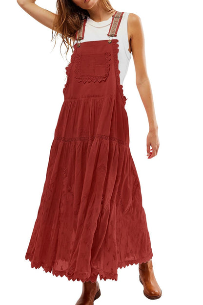 Women's Casual Lace Embroidered Maxi Dress Adjustable Strap Pleated Tiered Swing Long Dress with Pockets