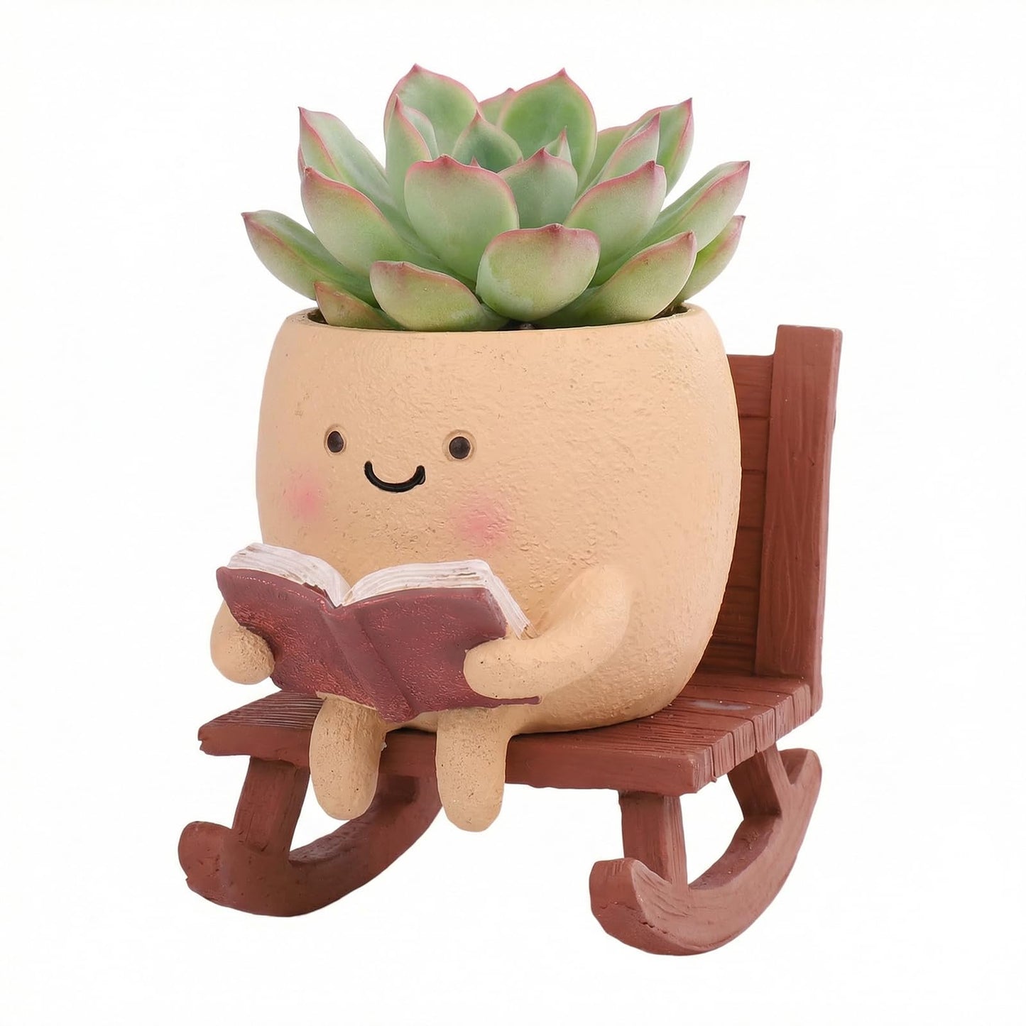 XOMIUHL Rocking Chair Reading Book Planter, Cute Smiley Face Succulent Pots with Drainage Hole, Unique Funny Flower Pot for Indoor Outdoor Plants, Plant Gifts for Mother's Day, Birthday, Christmas