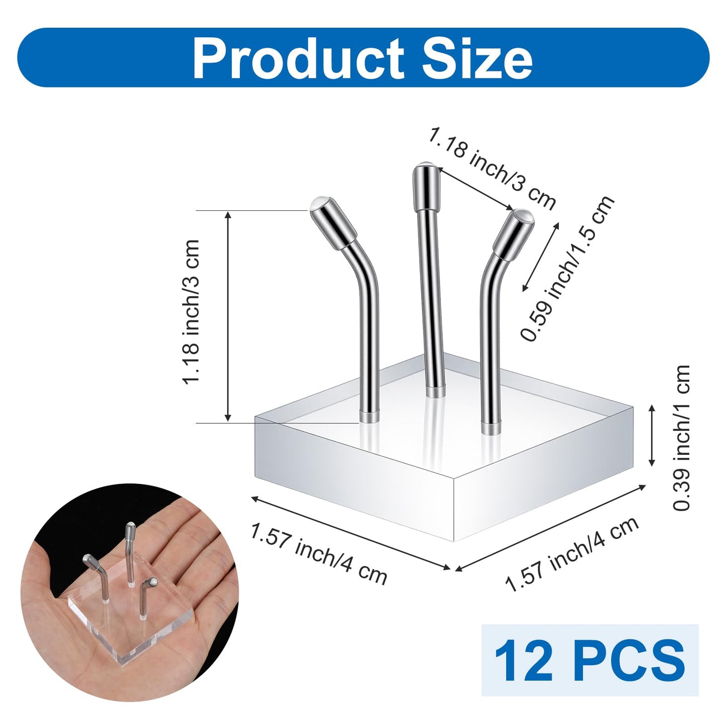 Caeuiciw 12 Pack Clear Acrylic Easel Stand for Rocks, Metal 3 Peg Rock Display Easel Stands for Fossil Coral Crystal Geodes Rock Mineral Agate Small Collectibles Acrylic Holder(1.6”x1.6”, Silver)
