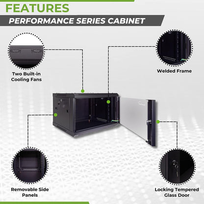 NavePoint 6U Server Cabinet Wall Mount Rack Enclosure Includes 2 Fans, Locking Glass Door, Removable Side Panels – 6U Network Cabinet 17.7” Deep, 19 Inch Server Rack for IT and A/V Equipment