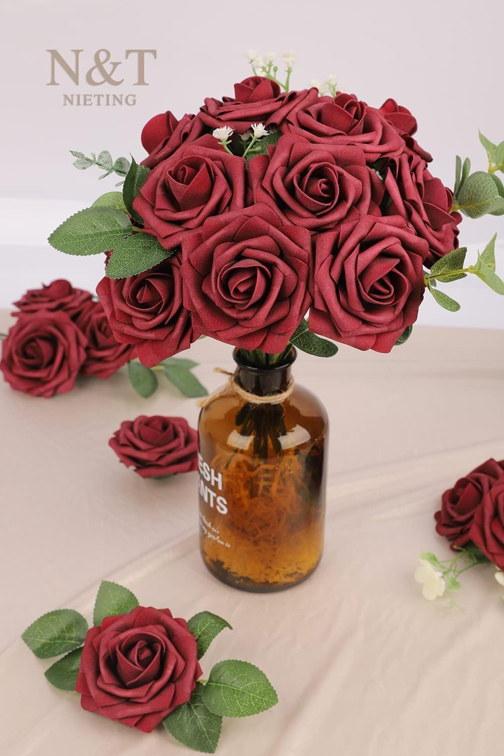 N&T NIETING Artificial Flowers Roses, 25Pcs Red Foam Roses Real Touch Roses with Stems Fake Flowers for Wedding Bridal Bouquets Centerpieces Floral Arrangement Party Home Decoration, Dark Red