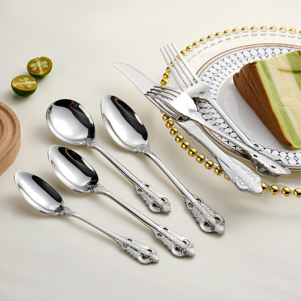 Siaiqiang Gorgeous Large Round Soup Spoons,18/10 Stainless Steel Fine Embossed Texture Soup Spoons Set,Table Spoon Silverware,Bouillon Spoons,Silver (4 pack)