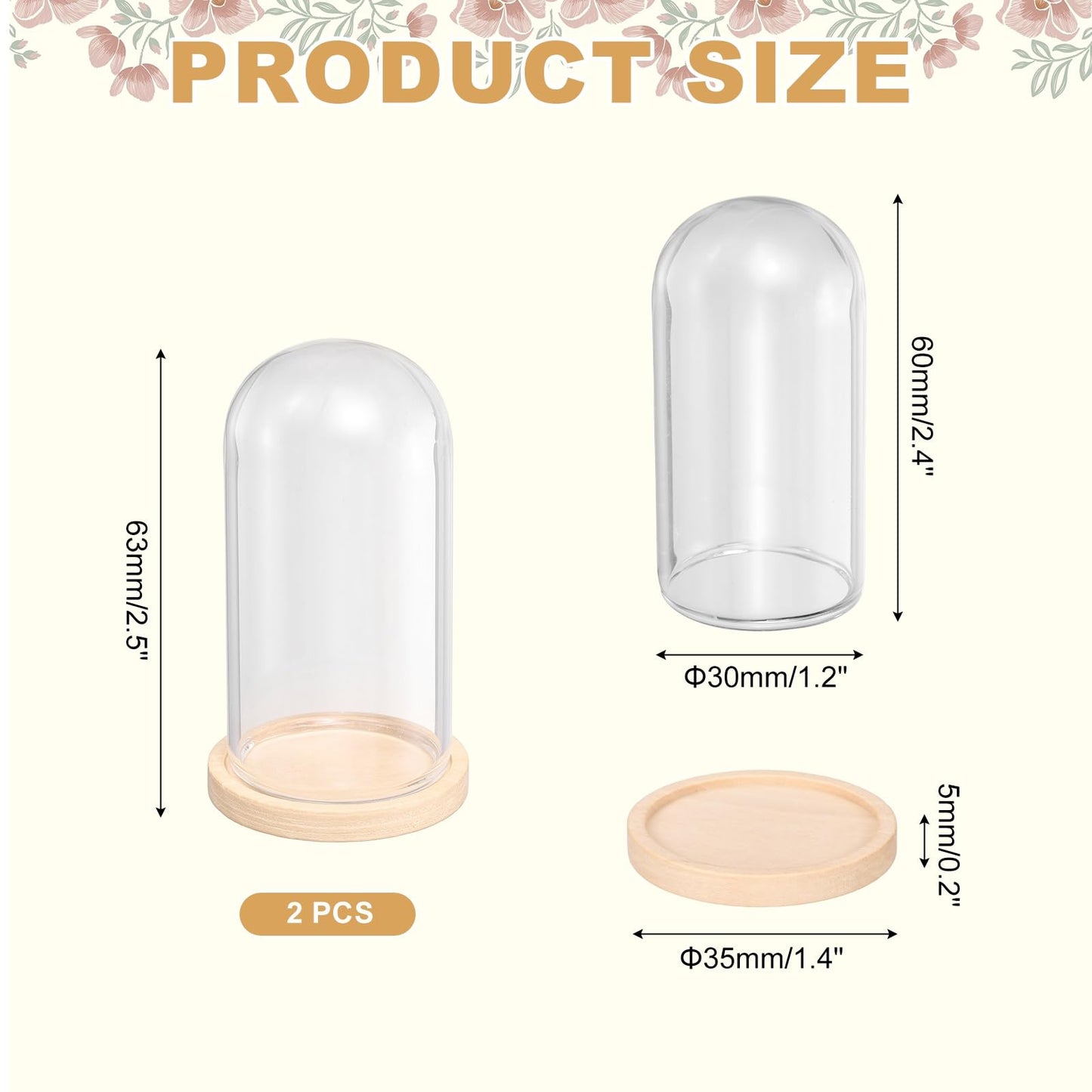 uxcell 4Pcs Glass Display Dome, 1.4" x 2.5" Clear Cloche Glass Dome Decorative Bell Jar with Wooden Base for Collectibles Display Candle Tabletop Centerpiece Plants Wedding, Beige