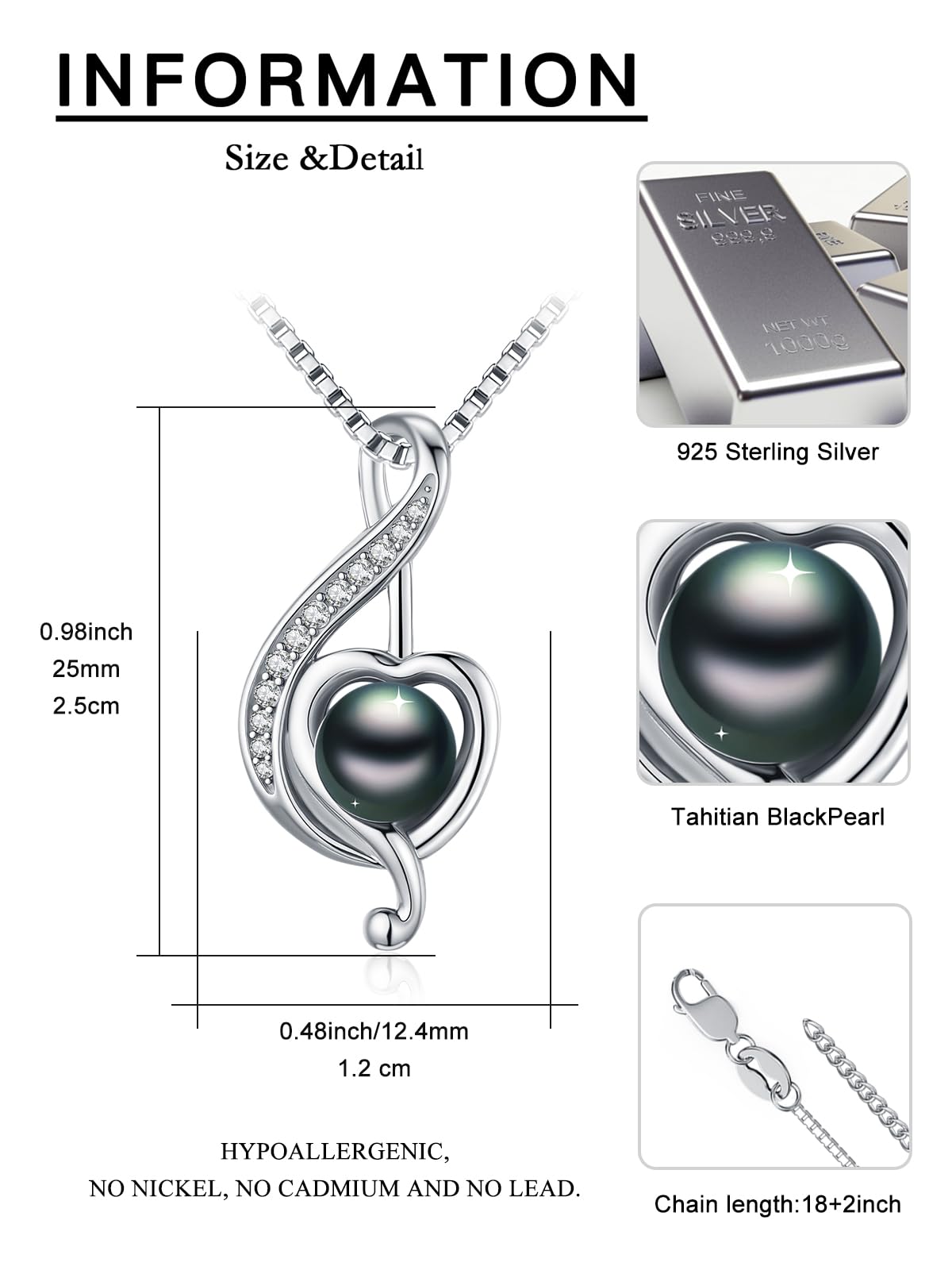 KANNSOAR Tahitian Black Pearl Necklace 925 Sterling Silver Musical Note Pendant Tahitian Black Pearl Jewelry for Women Wife Gifts for Wedding Anniversary Christmas Birthday