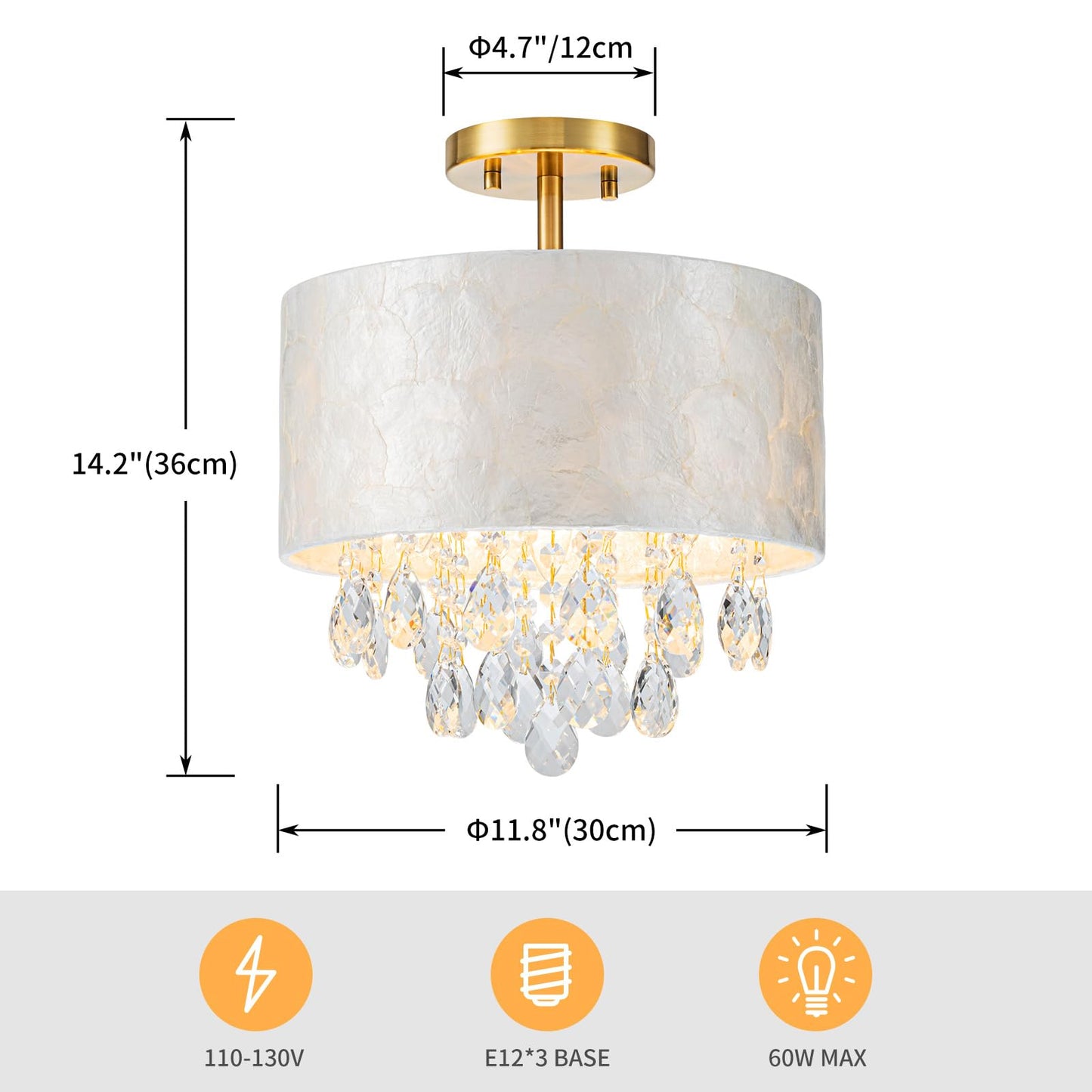 LumFurn D12in Drum Capiz Shell Crystal Ceiling Light, 3-Light Coastal Style Semi-Flushmount Light Fixture for Hallway, Entryway & Bedroom, K9 Crystal & Shell Lampshade & Gold Finish Frame