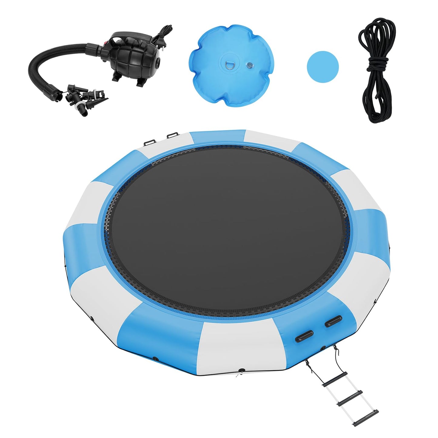 VEVOR Recreational Water Trampoline 15ft, Inflatable Water Bouncer, Portable Bounce Swim Platform with Electric Air Pump & 3-Step Ladder, Kids Adults Floating Rebounder for Water Sports, Pool, Lake