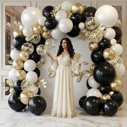 PTGOLUO Black and Gold Balloon Arch Garland Kit 150pcs 2026 New Year's, Double Stuffed Pearl Sand White Black Chrome Gold Balloons Arch Kit for Graduation Father's Day Birthday Party Decoration