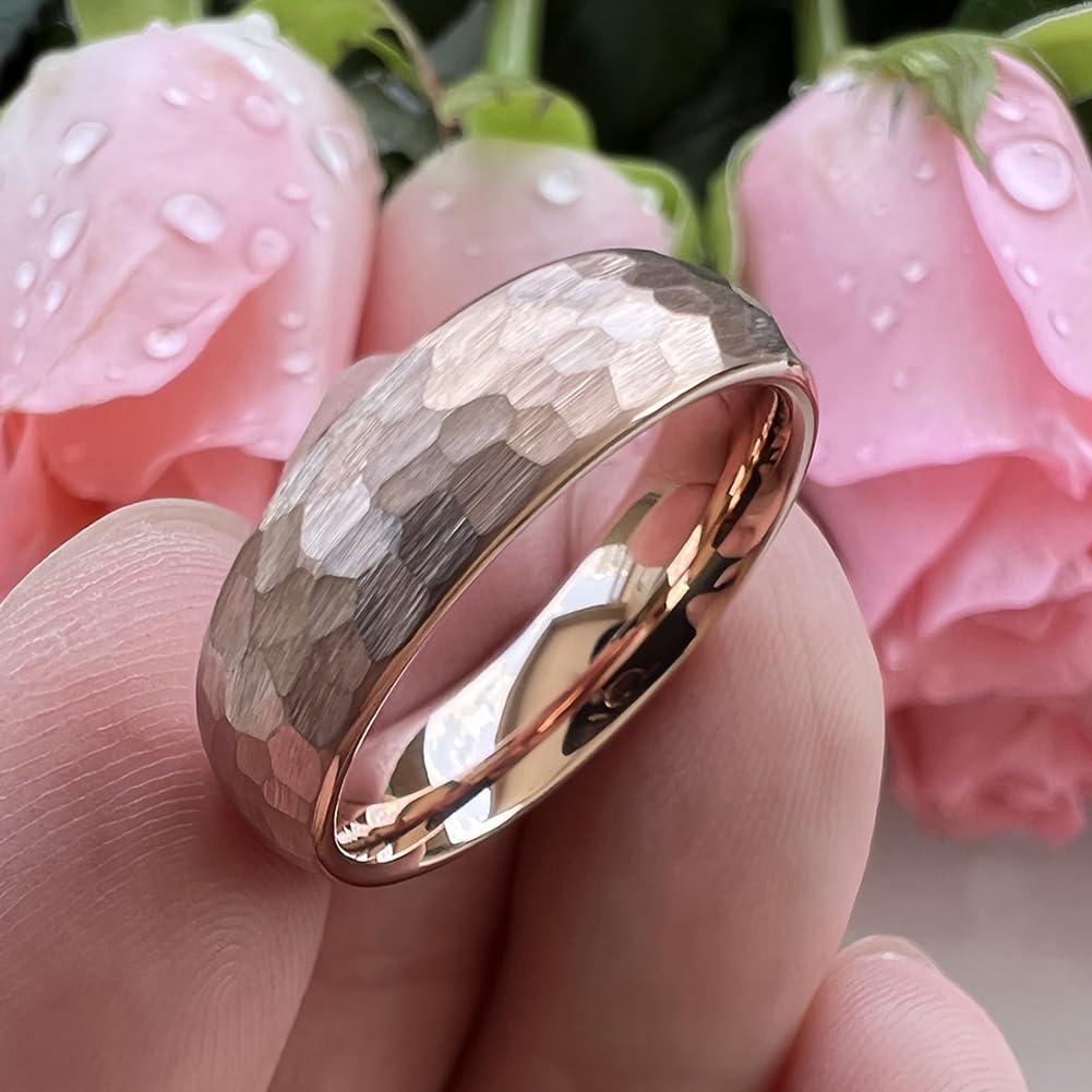 TUTISS 6mm Rose Gold Hammered Tungsten Rings for Men Women Engagement Wedding Bands Domed Matte Finish Comfort Fit Size 9.5