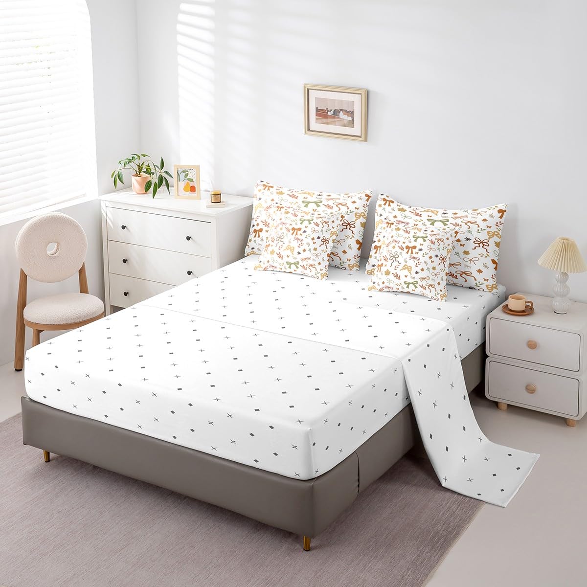 7 Pieces Fall Style Bow Comforter Set Full Size,Orange Green Bowknot Bedding Sets Kids Girls Boys Women Palm Leaves Rustic Boho Quilt + Fitted & Flat Sheets + 2 Cushion Cover + 2 Pillowcases