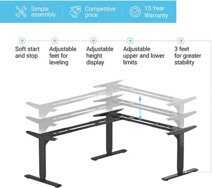PROGRESSIVE AUTOMATIONS Standing Desk Corner Frame - Adjustable Height and Width Legs with Triple Electric Motors for Home Office L Shaped Desk FLT-05 Black