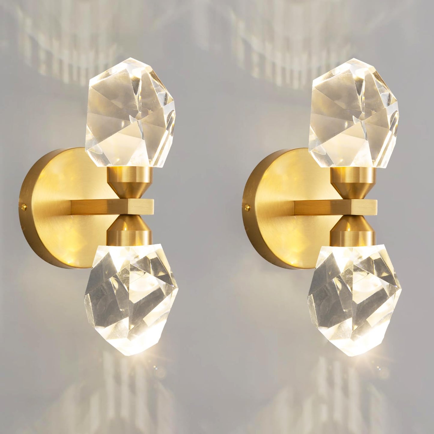 HAIXIANG 2 Packs Wall Sconces - Gold Modern Crystal Vanity Lighting for Dining Room, Bedroom, Living Room, Entryway, Bathroom - Wall Mount Lighting Fixture - Warm Light