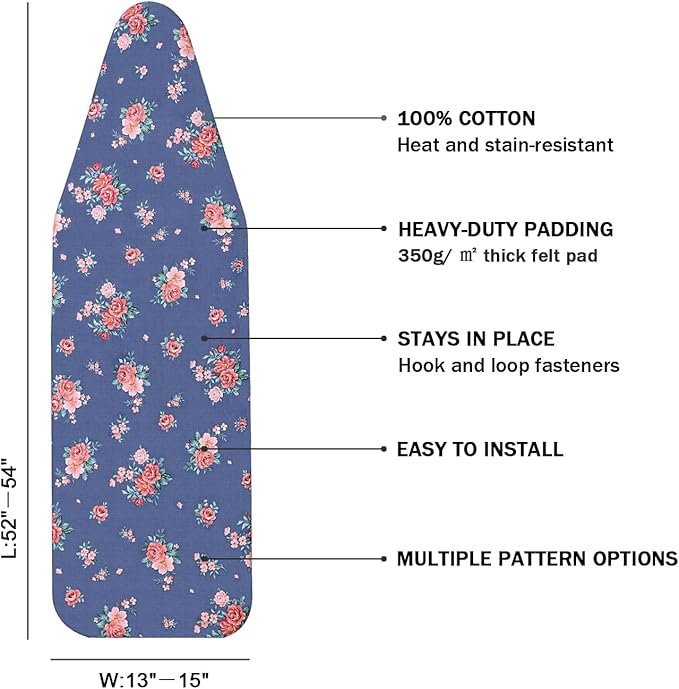 Ironing Board Cover and Pad Standard Size 15" x 54", 3 Pairs of Hook and Loop