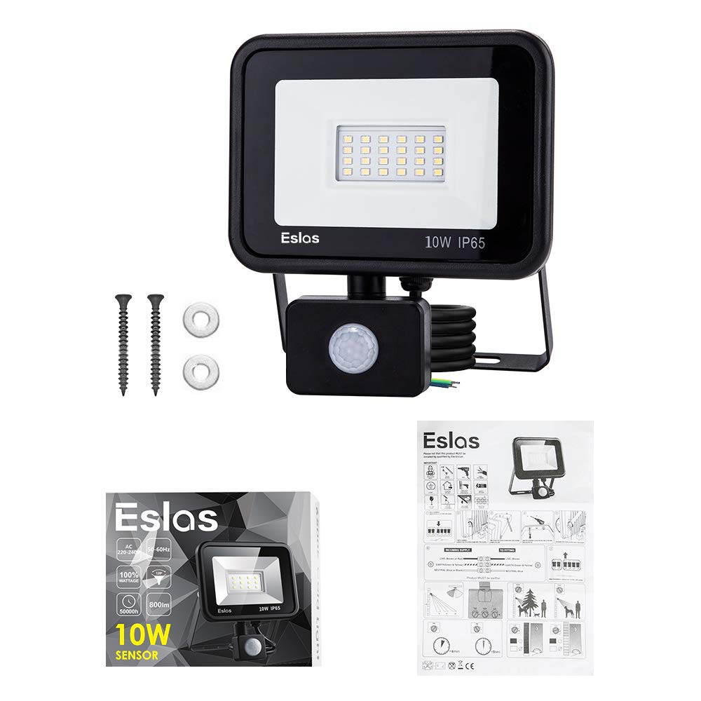 Eslas LED Floodlight Security Light with Motion Sensor,Outdoor Spotlight 10W 1000 LM PIR Light,IP65 Waterproof for Garage,Garden,Car Park, Construction Site, 6500K Cold White