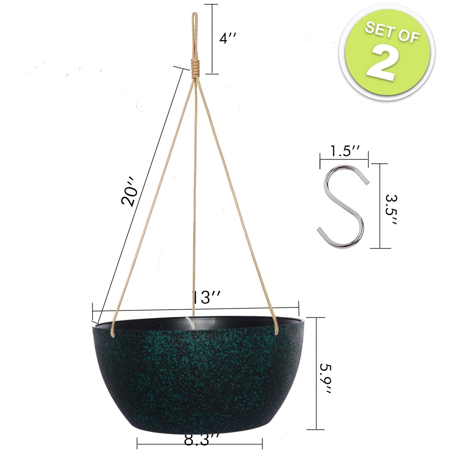 SwinDuck 13 Inch 2 Pack Large Hanging Planters for Indoor Outdoor Plants, Plastic Hanging Basket Pots for House Plants Flowers, Black Speckles