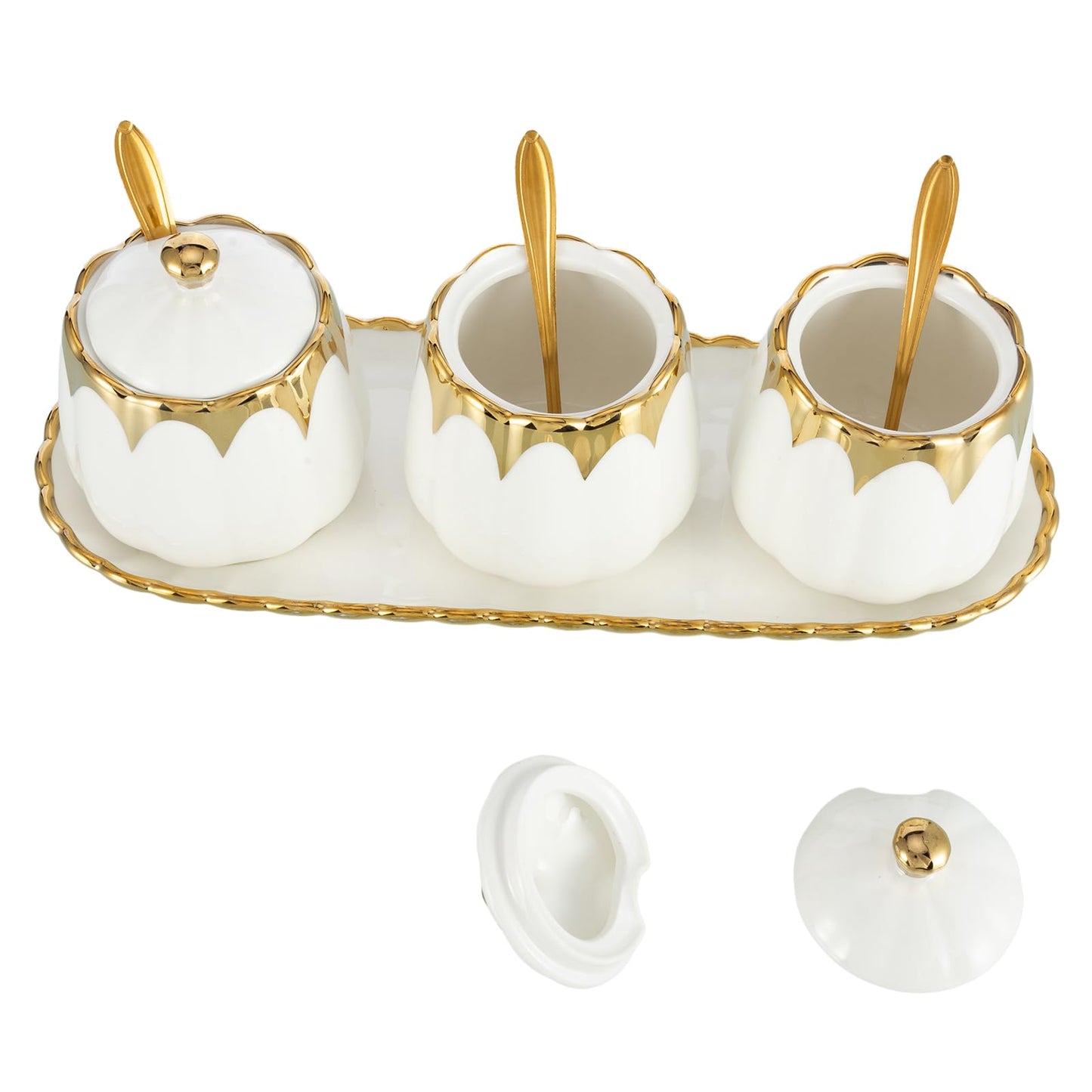 Milky Way Set of 3 Ceramic Condiment Pots Sugar Bowl,Porcelain Sugar Holder with 1Tray, Lid and Spoon Salt Container Modern Seasoning Jars for Counter Home and Kitchen (White gold)