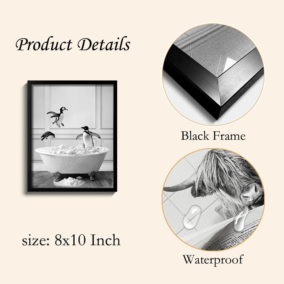 Ardakar Framed Bathroom Decor Wall Art, Black and White Bathroom Decor, Funny Wall Decoration Animal Penguin in Bathtub Posters, Cute Animal Wall Art for Kid's Room (Framed,8''x10'')