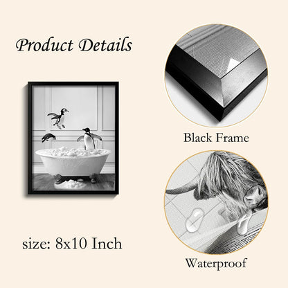 Ardakar Framed Bathroom Decor Wall Art, Black and White Bathroom Decor, Funny Wall Decoration Animal Penguin in Bathtub Posters, Cute Animal Wall Art for Kid's Room (Framed,8''x10'')