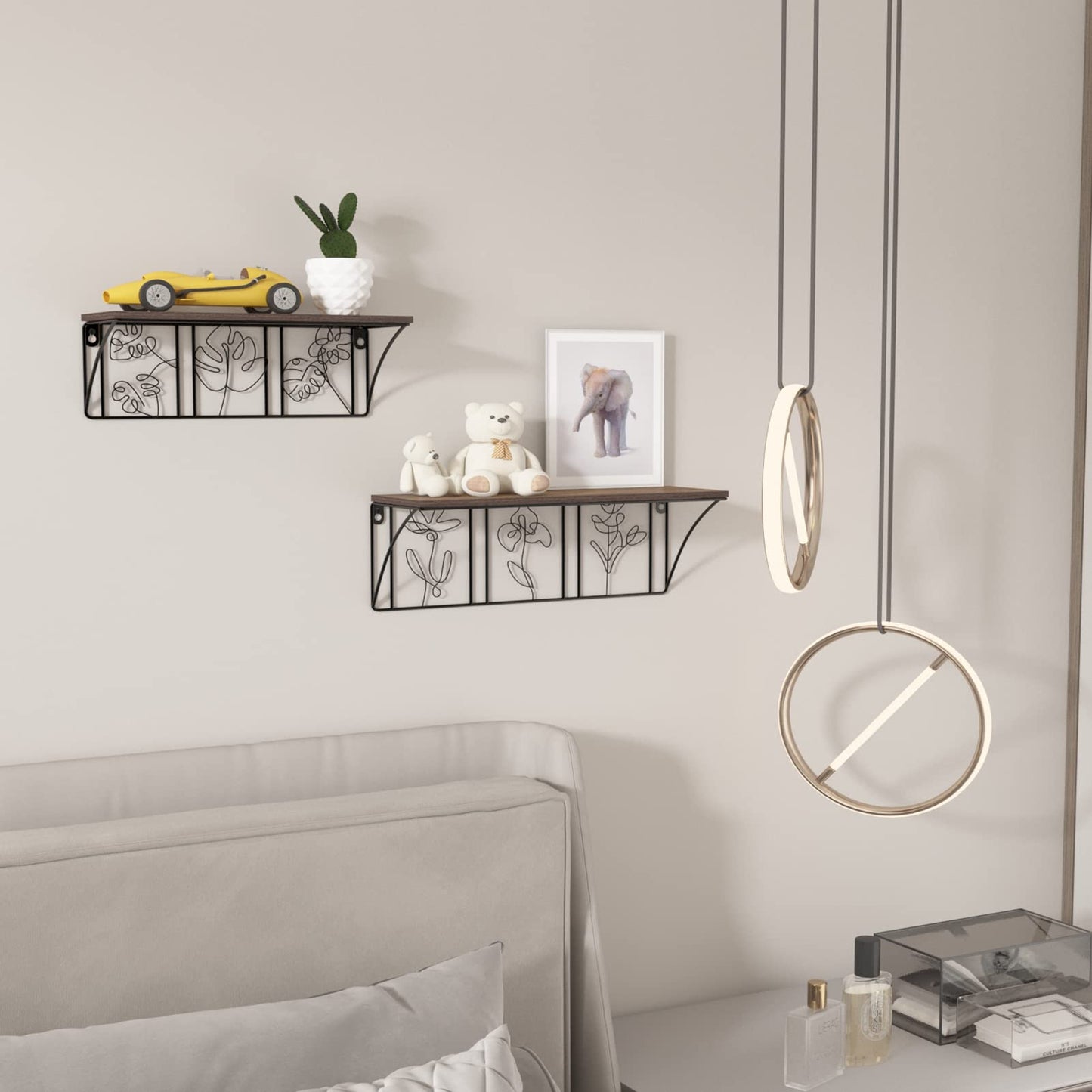 QUTREY Plant Wall Art Floating Shelves Set of 2, Minimalist Metal Abstract Decor Rustic Wooden Shelf for Living Room, Bedroom, Bathroom