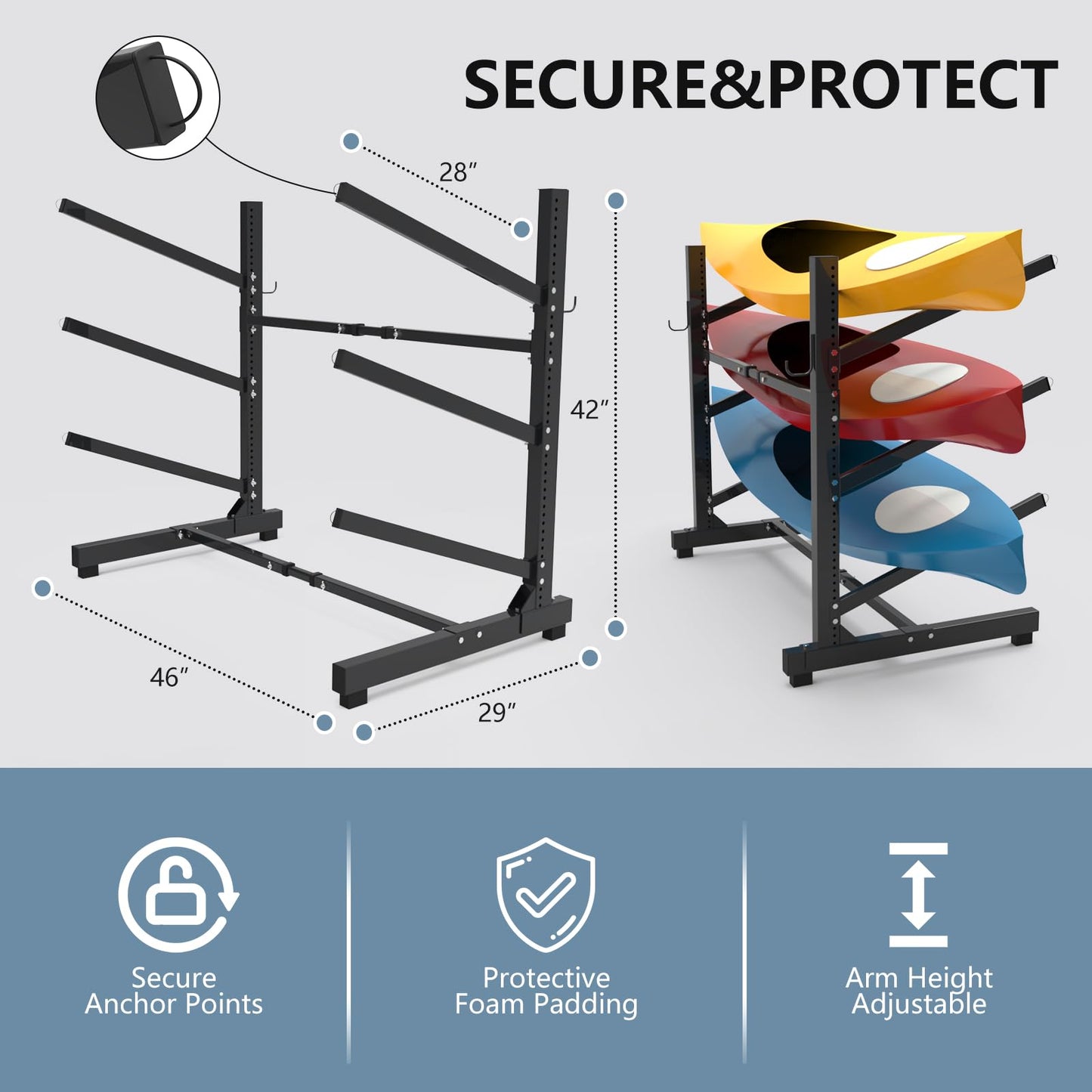 Freestanding Kayak Stand,One-Sided Kayak and Canoe Rack,Heavy Duty Adjustable Kayak Storage Rack,Sup Outdoor Storage Rack,Weatherproof Stand for Indoor, Garage, Shed, Dock Kayak Storage (3 Levels)
