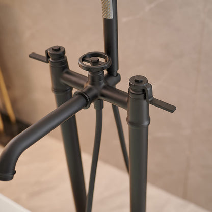BWE Floor Mount Freestanding Bathtub Faucets Black Solid Brass Single Handle Modern Bathroom Tub Filler High Flow Rate with Handheld Shower Mixer Tap