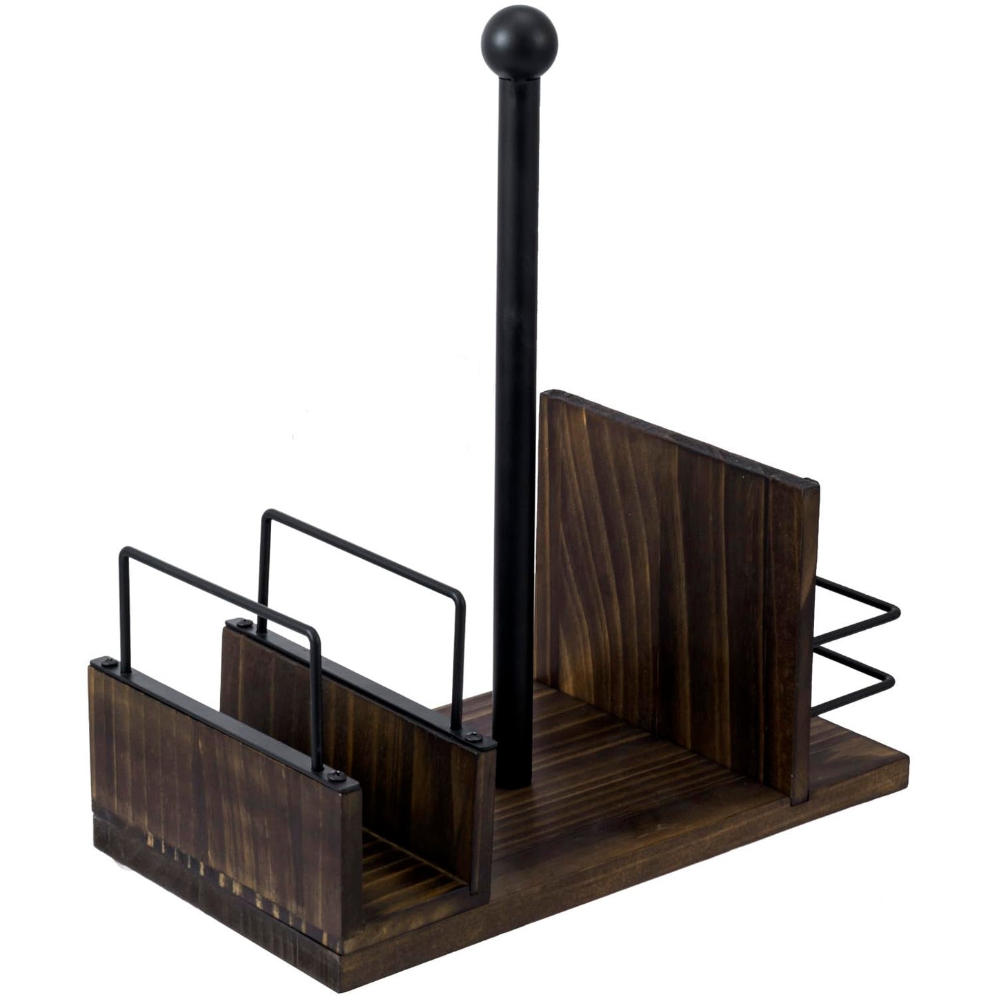 MyGift Rustic Burnt Solid Wood and Industrial Matte Black Metal Dining Combination Caddy with Paper Towel Roll Dispenser Stand, Napkin Holder, and Spice Rack