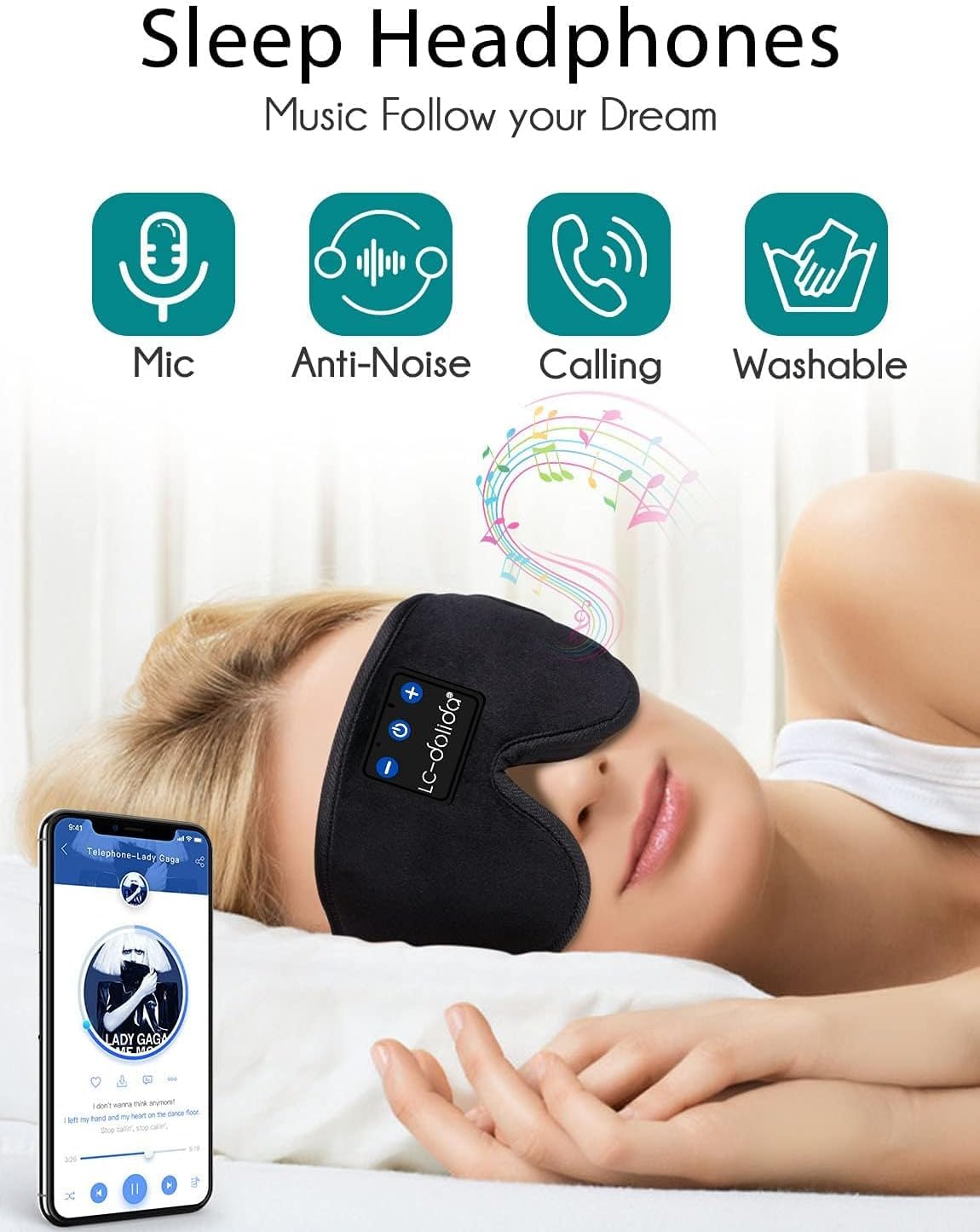 LC-dolida Sleep Headphones, White Noise Bluetooth Sleep Mask 3D Wireless Timing Eye Mask for Sleeping, Sleep Mask with Bluetooth Headphones for Side Sleepers Travel Yoga, Cool Gadgets for Men Women