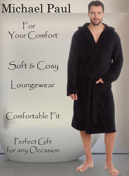 MICHAEL PAUL Dressing Gowns for Men | Super Soft Luxury Hooded Dressing Gown | Men's Warm and Cozy Fleece Nightwear Robe | Gifts for Men L BLACK