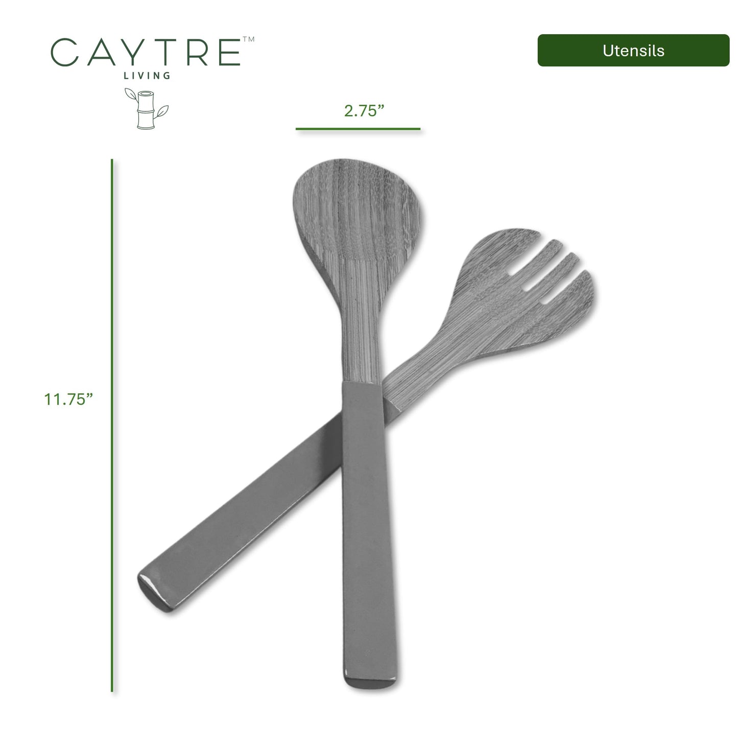 Caytre Wooden Painted Handle Bamboo Serving Utensil Set For Salad and Side Dishes- Onyx