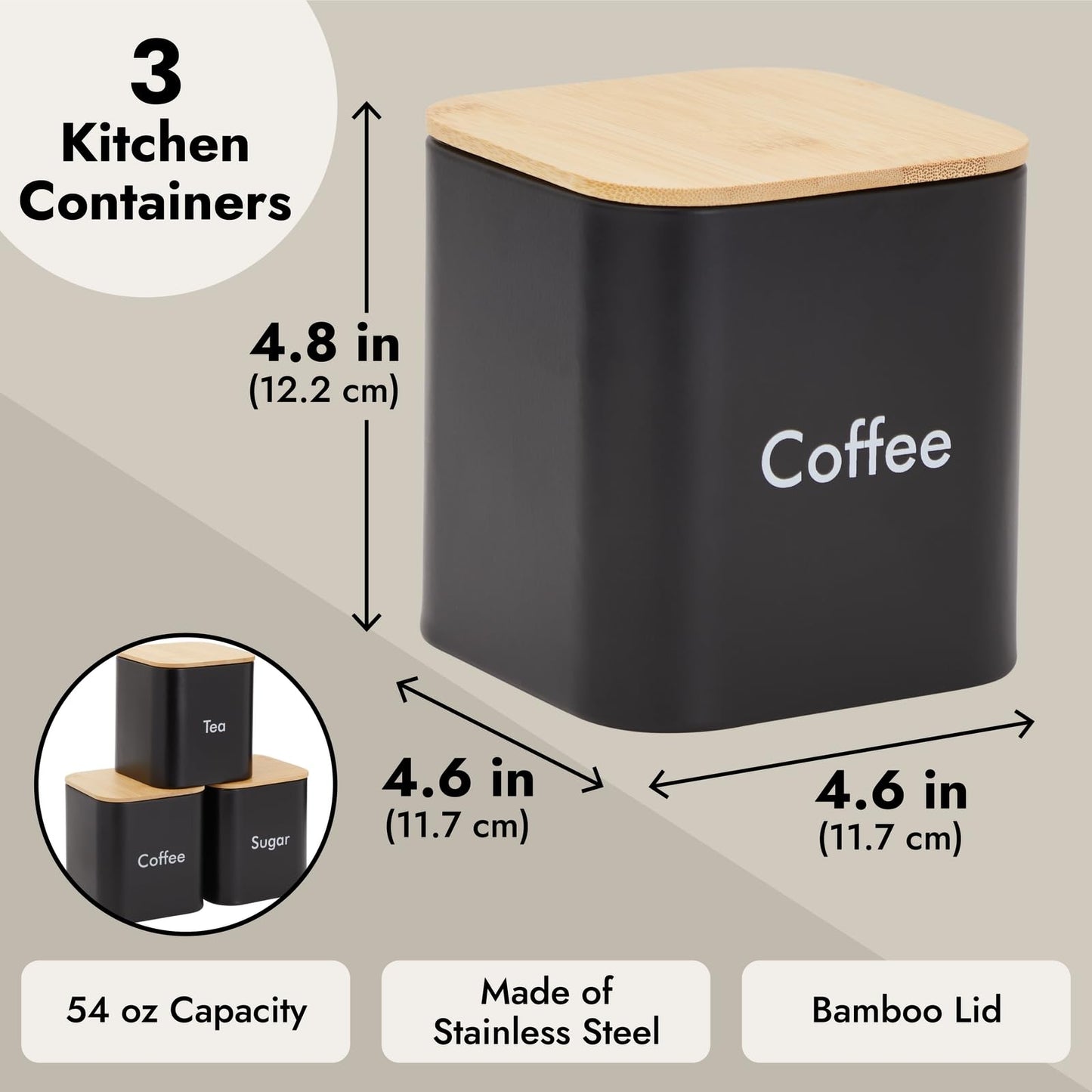 Juvale Coffee Tea Sugar Container Set - Black Iron Square, 3 Pack, 48 oz Each - Coffee Bean Storage & Sugar Storage - Countertop Kitchen Canisters with Tight Seal Lids