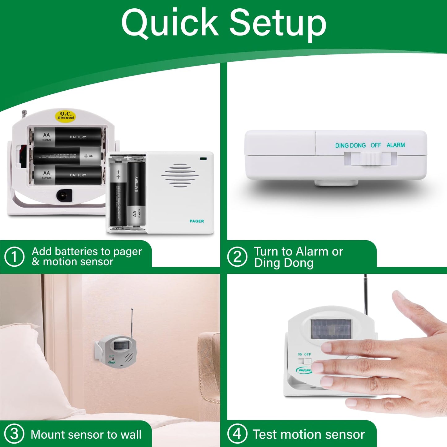 Smart Caregiver Wireless Motion Sensor Alarm System with Pager for Fall and Wandering Prevention | Mountable Motion Detector Alarm Alerts Medical Caregiver with Up to 300' Range | Bed or Door Movement