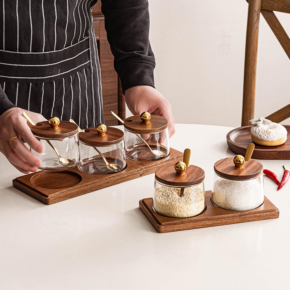 ANQIA Condiment Containers Set with Acacia Wood Lids and Tray Seasoning Box Condiment Pots Jars with Spoons for Spice Salt Sugar Cruet (Gold Top, 2 Jars with Tray)