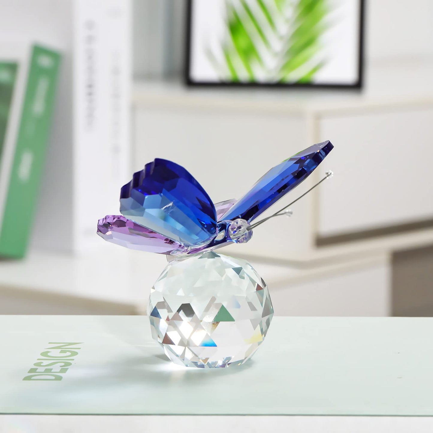 LONGSHENG - SINCE 2001 - Crystal Butterfly Figurine with Ball Base Glass Blue Purple Butterfly Crystal Collectible Paperweight Table Decor for Wedding Festival