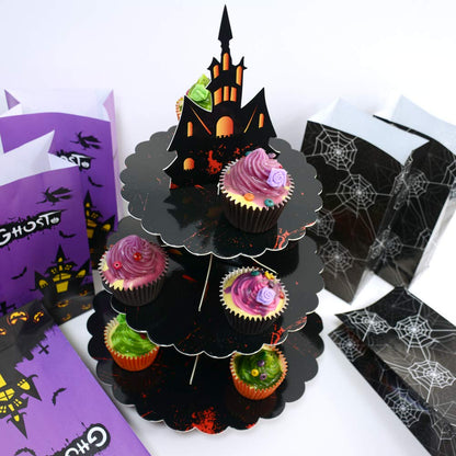 WEEPA Halloween Party Supplies 3 Tier Cupcake Stand Cardboard Cake Stand Gothic Tower for Halloween Party Decorations