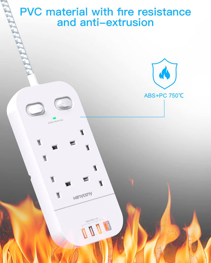 4 Way Surge Protected Extension Lead with USB Slots – Multi Plug Power Strip Extension Cable with Double Switches, Plug Extension Socket 1.8M Braided Extension Cord for Home Office Accessories
