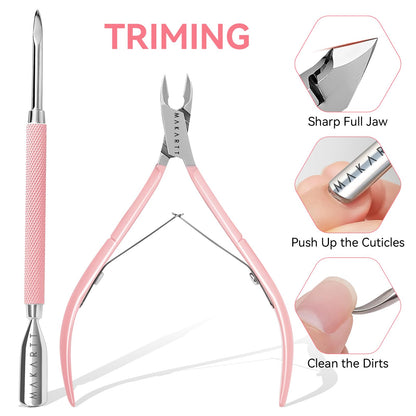 Makartt Cuticle Trimmer with Cuticle Pusher, Silver Nail Trimmer Nail Care Manicure and Pedicure Kit with Stainless Steel Cuticle Nipper and Dual End Nail Pushers for Home Salon Use (Pack of 3 PCS)