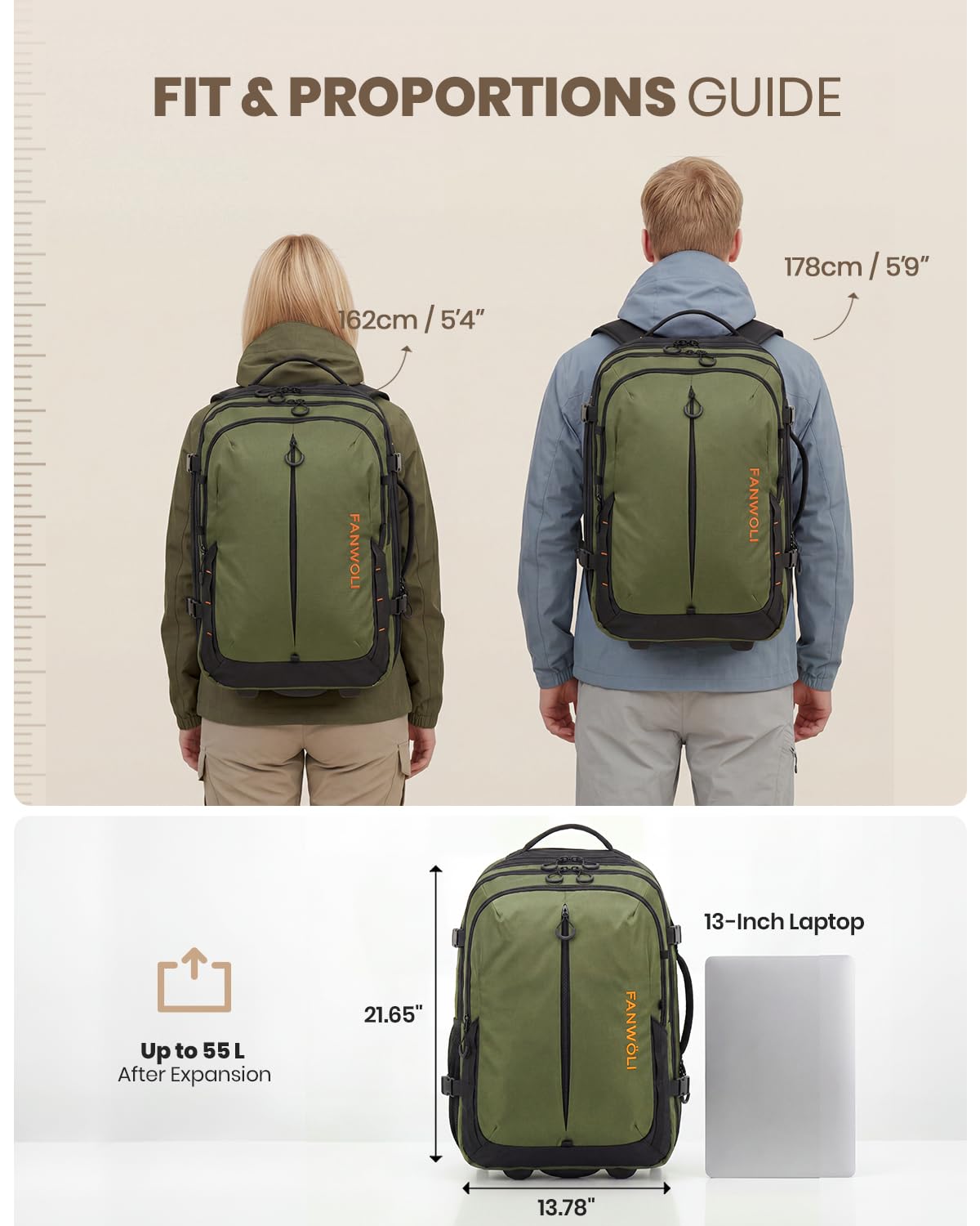 Fanwoli Rolling Vacuum Backpack Travel with One-Button Compression, 55L Expandable, Water Resistant Carry-On Suitcase Luggage, Ideal for Outdoor/Family/Trips