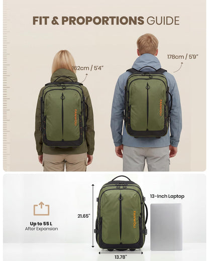 Fanwoli Rolling Vacuum Backpack Travel with One-Button Compression, 55L Expandable, Water Resistant Carry-On Suitcase Luggage, Ideal for Outdoor/Family/Trips