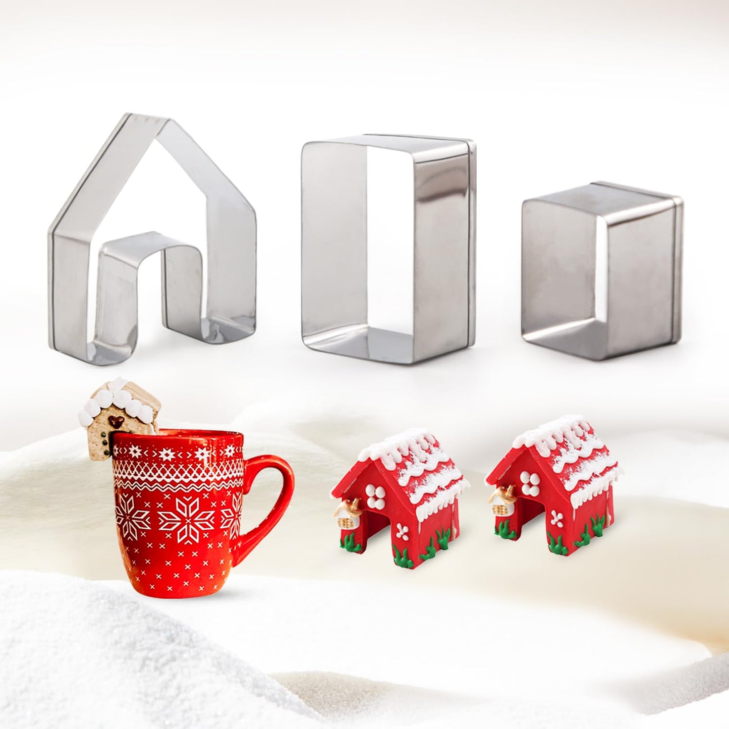 SIENON Gingerbread House Cookie Cutter Set 3pcs, 3D Stainless Steel Mini Christmas House Cookie Cutter Kit, Ginger bread Biscuit Cookie Mold Mug Topper, Xmas Holiday DIY Baking Tools