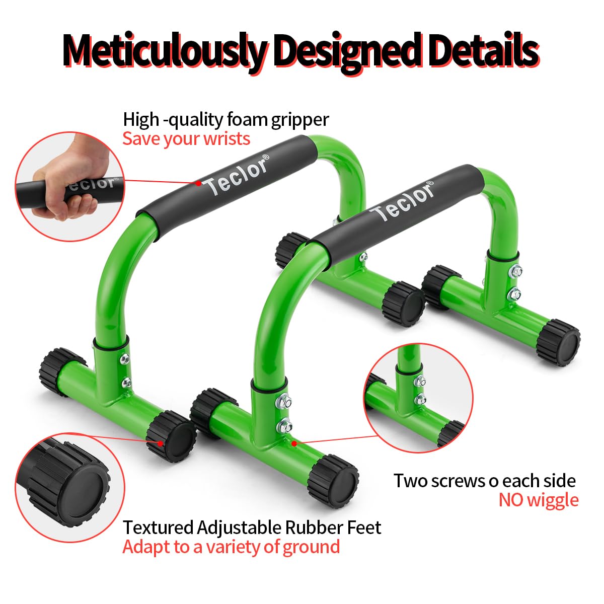 Teclor Push Up Bar, 9.5in High Parallettes Bars Great for L-sit, Sturdy Steel Green Structure Push Up Bars for Men & Women, Full Planche & Dips, Heavy-duty No Wobbling Calisthenics Equipment MAX Capacity 660LBS, 1.5in Dia Save Wrist & Great Grip