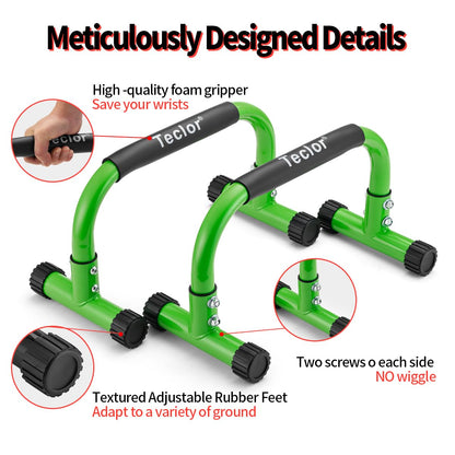 Teclor Push Up Bar, 9.5in High Parallettes Bars Great for L-sit, Sturdy Steel Green Structure Push Up Bars for Men & Women, Full Planche & Dips, Heavy-duty No Wobbling Calisthenics Equipment MAX Capacity 660LBS, 1.5in Dia Save Wrist & Great Grip