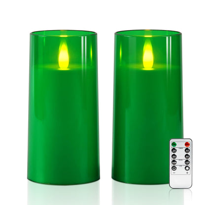 Raycare St. Patrick's Day Flameless Electronic Pillar Candles with Remote Control and Timer- Battery Operated Realistic Flickering LED Fake Candle for Home, Wedding Decor,Green,Set of 2(3"x6"6")
