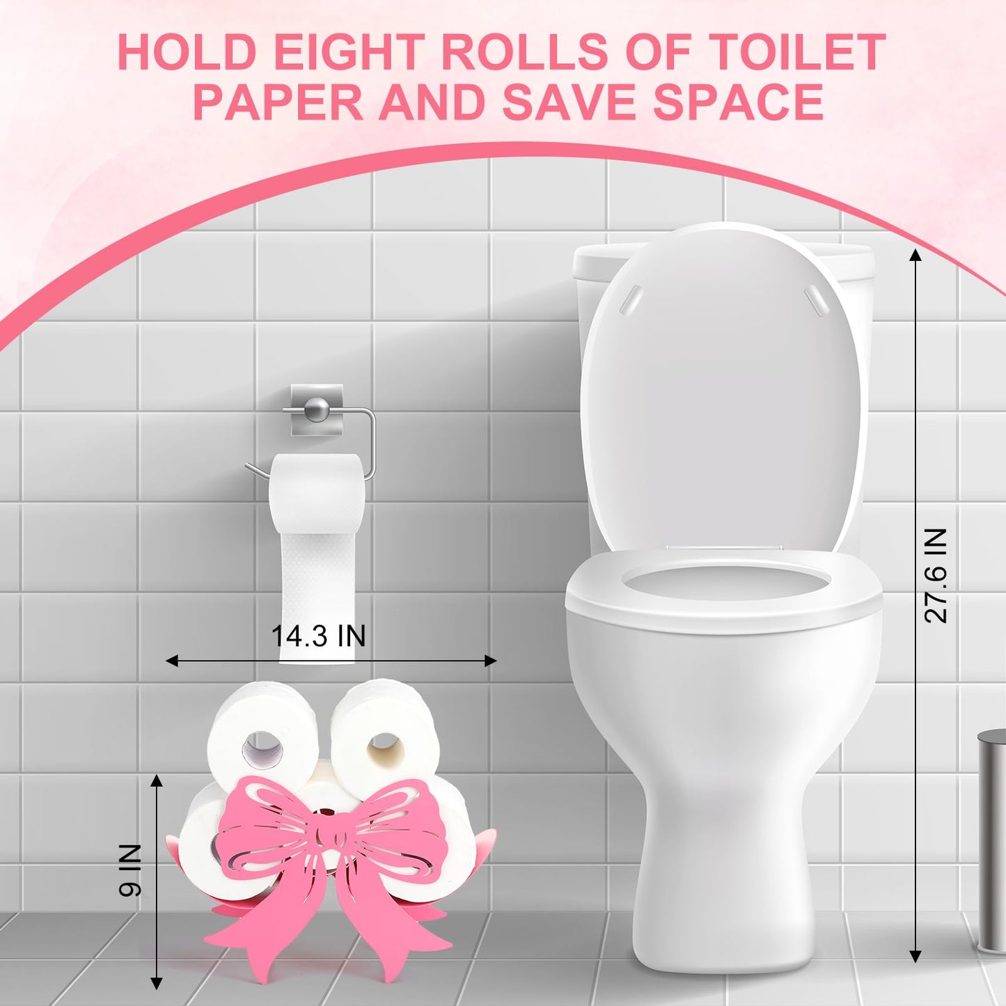 Geelin Bow Metal Toilet Paper Storage Holder Wedding Bow Bathroom Decor 8 Rolls Decorative Toilets Paper Holder Wall Mounted for Bathroom Kitchen Bedroom Coquette Home Decor(Pink)