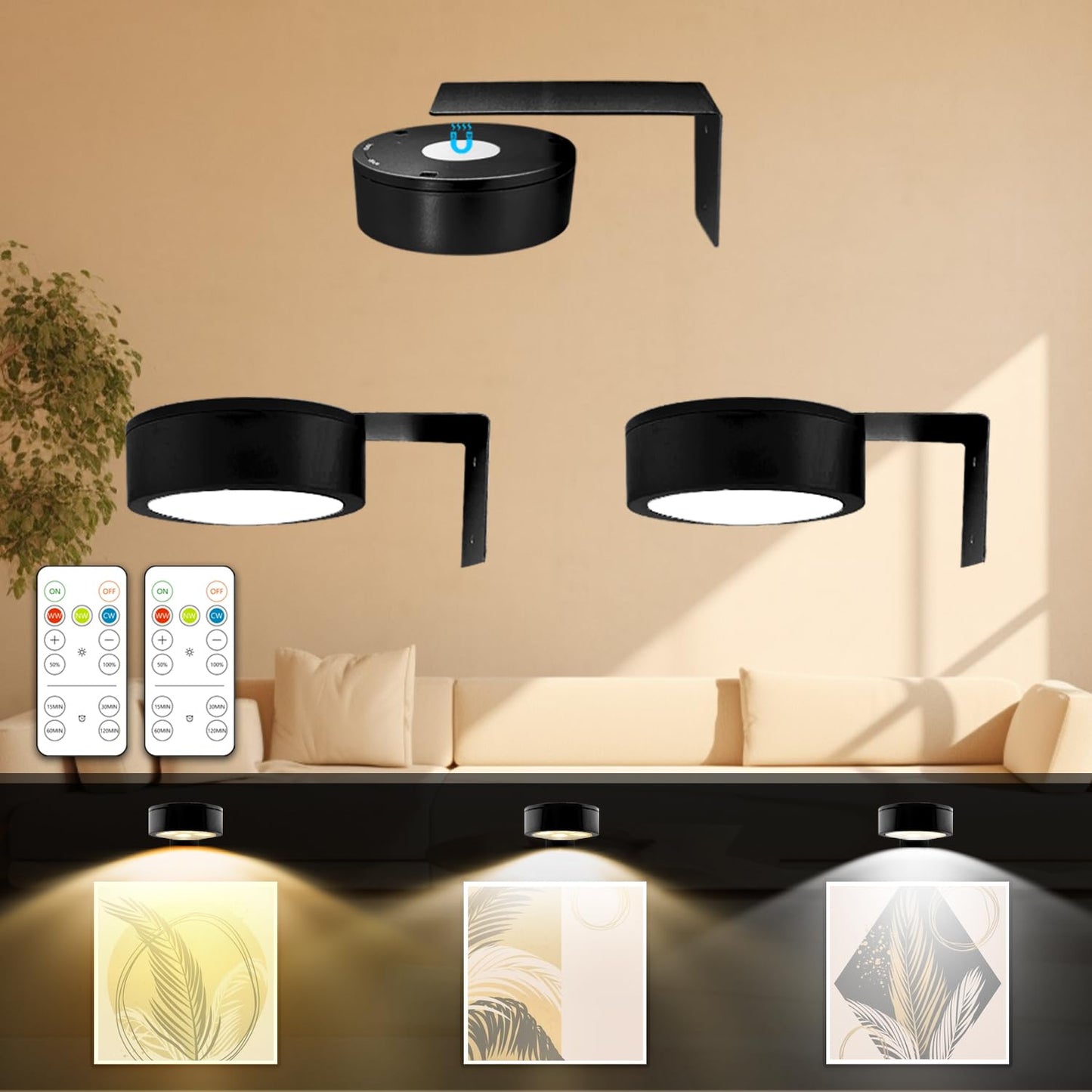 Arixinks 3PACK Picture Light Battery Operated with Remote, Painting Light for Wall Art with 3 Lighting Colors Dimmable, LED Art Display Accent Light on Wall for Poster Dartboard Frame Portrait Black