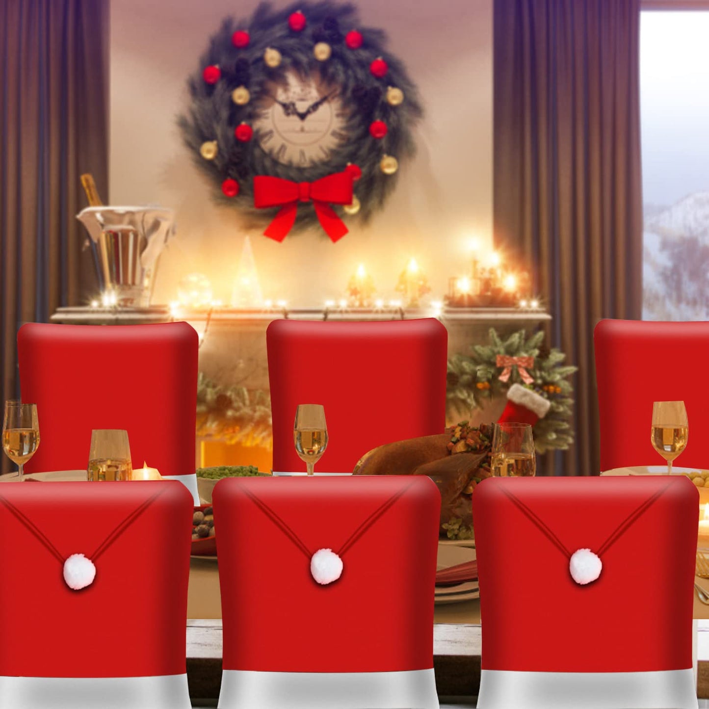 KIMOBER 6 Pcs Christmas Chair Covers Decor,Santa Claus Hat Christmas Chair Slipcovers Sets for Christmas Dinning Decoration
